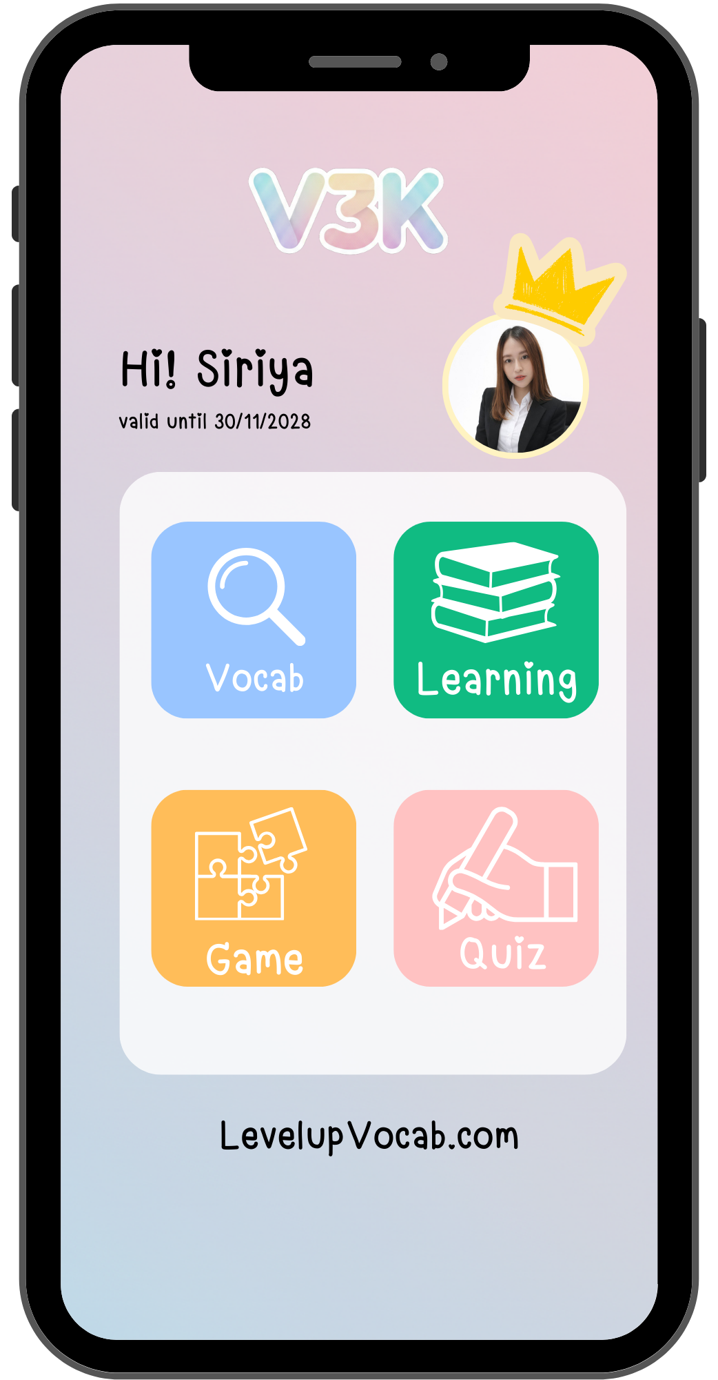 หน้าตาแอปพลิเคชัน LevelUpVocab